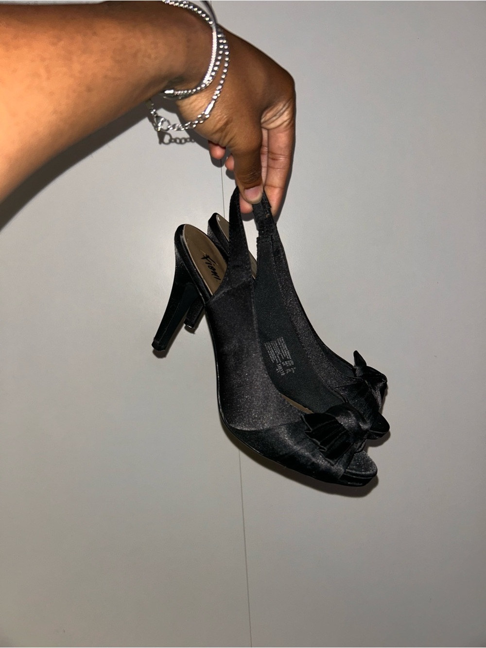 Black Satin Peep-Toe Slingback Heels with Bow